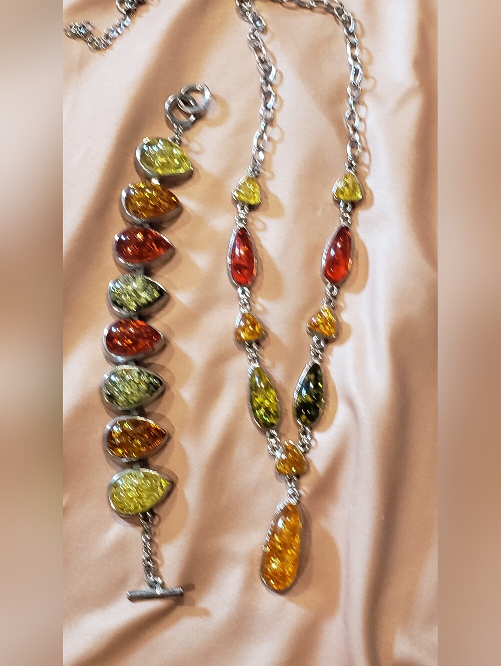 Multicolor Amber Teardrop Necklace and Bracelet Set